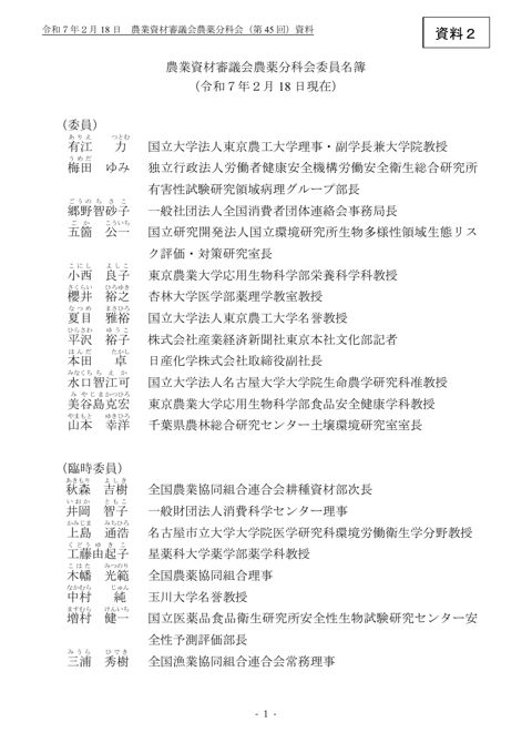 農業資材審議会農薬分科会委員名簿