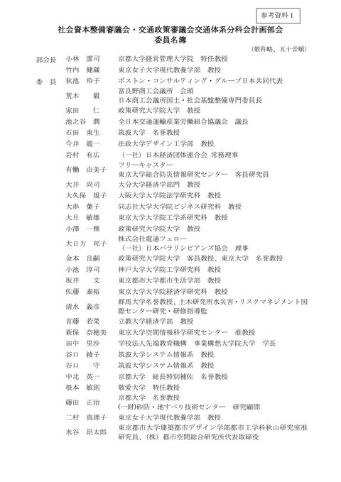 参考資料１ 社会資本整備審査会・交通政策審議会交通体系分科会 計画部会委員名簿
