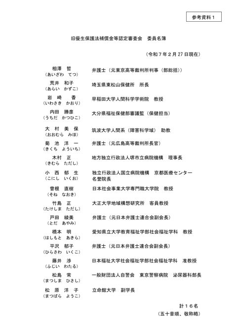 参考資料1：旧優生保護法補償金等認定審査会委員名簿