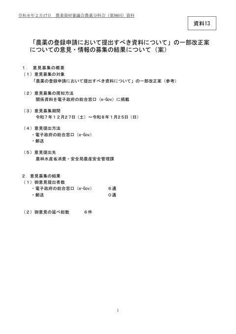 「農薬の登録申請において提出すべき資料について」の一部改正案についての意見・情報の募集の結果について（案）