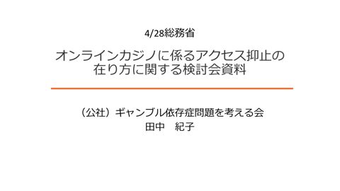 オンラインカジノに係るアクセス抑止の在り方に関する検討会資料（田中構成員） の表紙