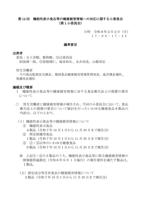 機能性表示食品等の健康被害情報への対応に関する小委員会