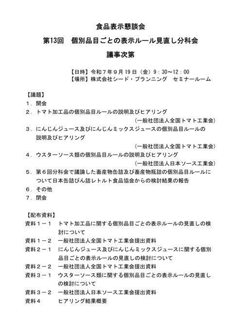 【議事次第】第13回個別品目ごとの表示ルール見直し分科会