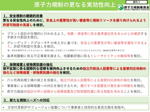 原子力規制の更なる実効性向上（山中原子力規制委員会委員長提出資料）（PDF／601KB） 資料４－１： 今後の原子力政策の方向性と行動指針（案）（PDF／402