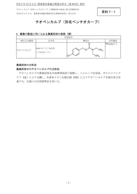 チオベンカルブ（別名ベンチオカーブ）の農薬原体の組成に係る評価報告書