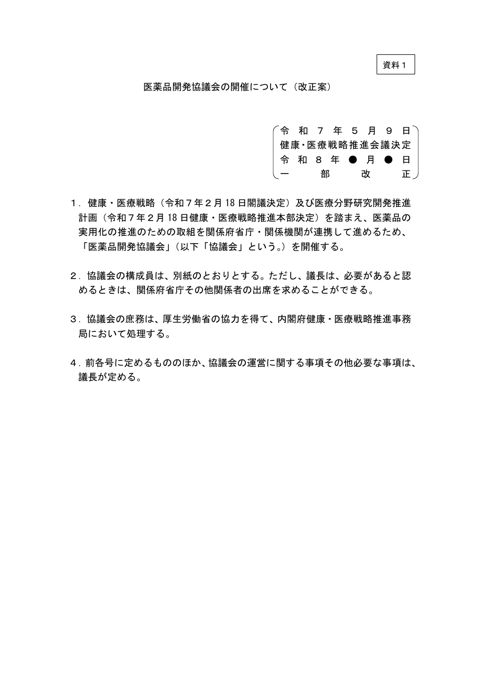 医薬品開発協議会の開催について（改正案） の表紙