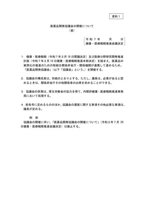 医薬品開発協議会の開催について（案） の表紙