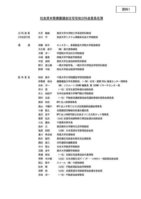【資料1】社会資本整備審議会住宅宅地分科会委員名簿
