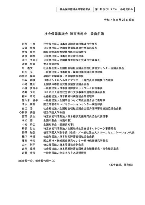 参考資料９ 障害者部会委員名簿［PDF形式：99KB］