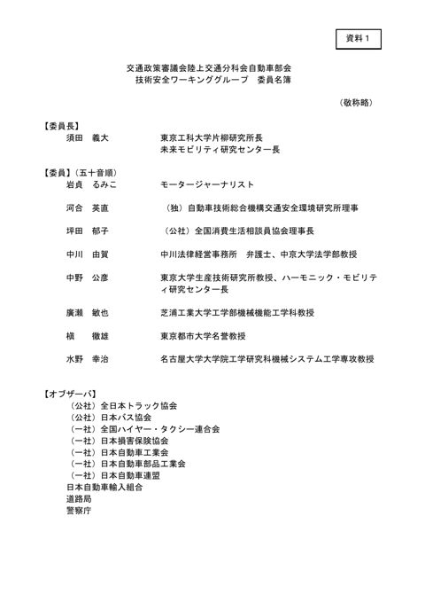 【資料１】交通政策審議会陸上交通分科会自動車部会技術安全ワーキンググループ委員名簿