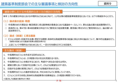 【資料９】建築分野の中長期的なあり方の検討に係る今後の議論の進め方（案）
