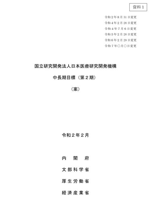 国立研究開発法人日本医療研究開発機構の中長期目標（第２期）（変更案） の表紙