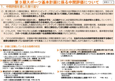 【参考4-1】 第3期スポーツ基本計画前半の進捗状況と課題（中間評価）（ポイント）
