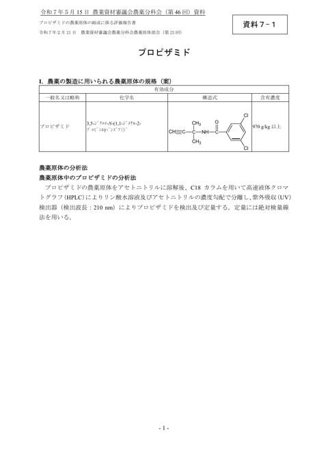 プロピザミドの農薬原体の組成に係る評価報告書