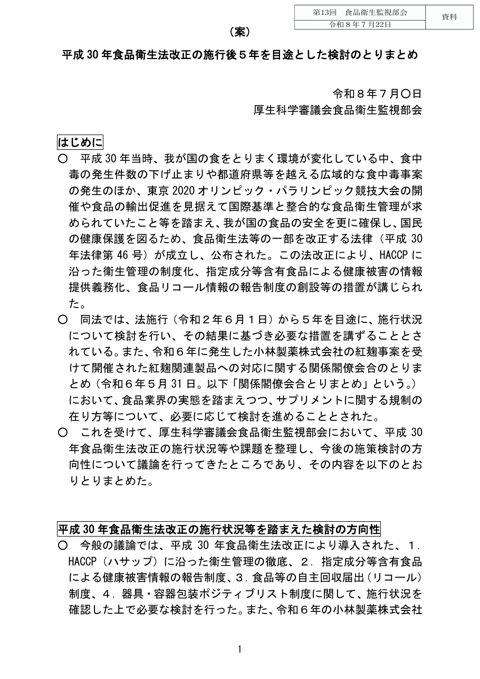 資料 平成30年食品衛生法改正の施行後５年を目途とした検討のとりまとめ（案）［1.1MB］