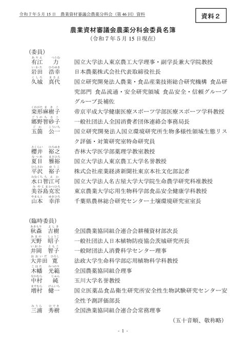 農業資材審議会農薬分科会委員名簿