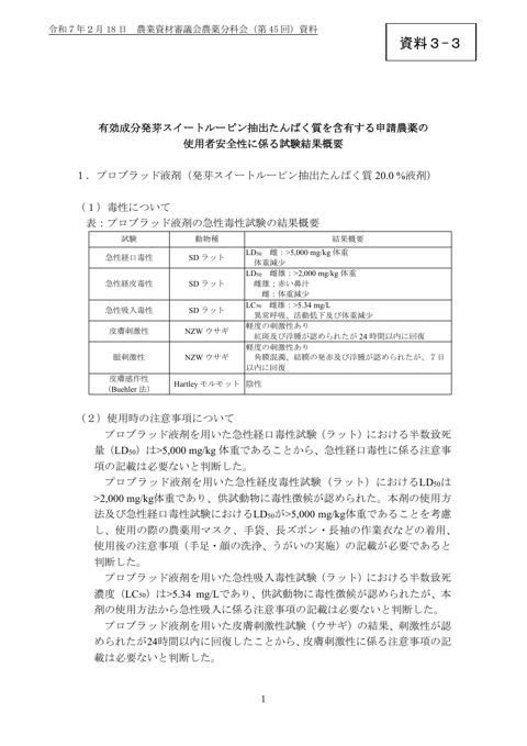 有効成分発芽スイートルーピン抽出たんぱく質を含有する申請農薬の使用者安全性に係る試験結果概要