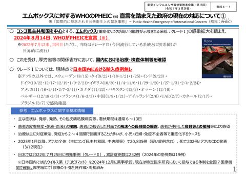 資料４－１_エムポックスに対するWHOのPHEIC宣言を踏まえた政府の現在の対応について