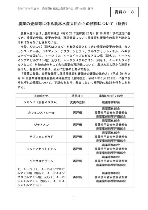 農薬の登録等に係る農林水産大臣からの諮問について(報告)