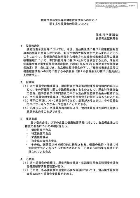 参考資料１ 「機能性表示食品等の健康被害情報への対応に関する小委員会の設置について」（令和６年８月28日厚生科学審議会食品衛生監視部会決定）［PDF形式：8.1
