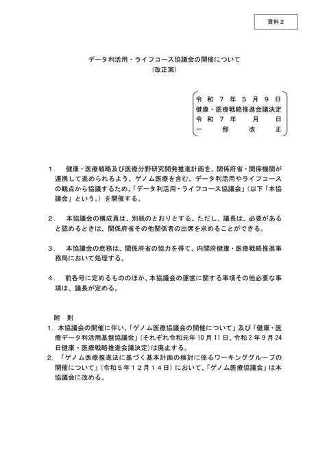 データ利活用・ライフコース協議会の開催について（改正案） の表紙