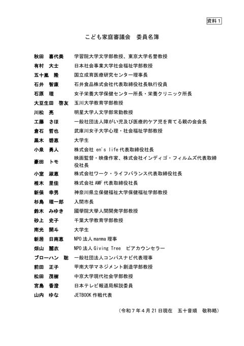 資料1 こども家庭審議会委員名簿(令和7年4月21日現在)