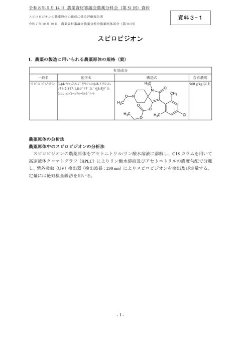 スピロピジオンの農薬原体の組成に係る評価報告書
