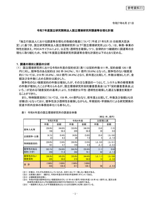 令和7年度国立研究開発法人国立環境研究所調達等合理化計画