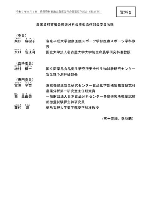 農薬資材審議会農薬分科会農薬原体部会委員名簿
