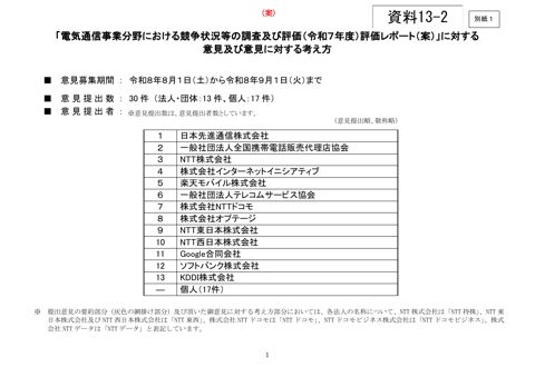 （別紙1）「電気通信事業分野における競争状況等の調査及び評価（令和7年度）評価レポート（案）」に対する意見及び意見に対する考え方