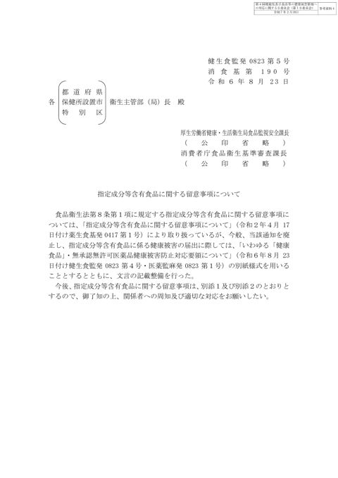 参考資料４ 「指定成分等含有食品に関する留意事項について」（令和６年８月23日付け健生食監発0823第５号・消食基第190号）［PDF形式：1.5MB］