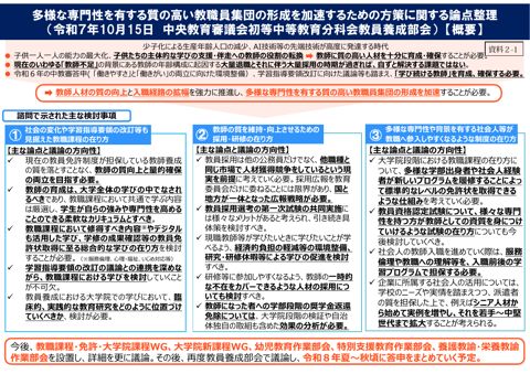 【資料2-1】多様な専門性を有する質の高い教職員集団の形成を加速するための方策に関する論点整理(概要)