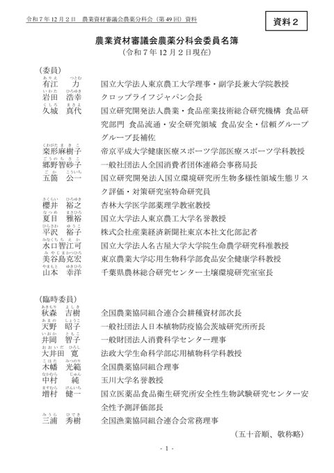 農業資材審議会農薬分科会委員名簿