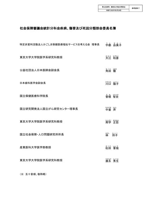 参考資料7】社会保障審議会統計分科会疾病、傷害及び死因分類部会委員