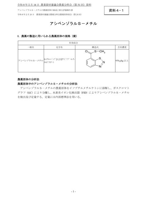 アシベンゾラルS-メチルの農薬原体の組成に係る評価報告書