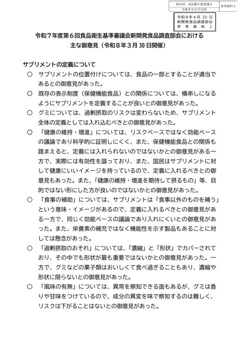 参考資料３ 令和７年度第６回食品衛生基準審議会新開発食品調査部会における主な御意見（令和８年３月30日開催）［265KB］