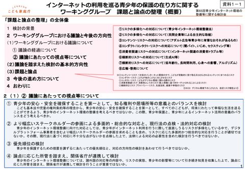 資料1－1 「インターネットの利用を巡る青少年の保護の在り方に関するワーキンググループ」課題と論点の整理（概要）