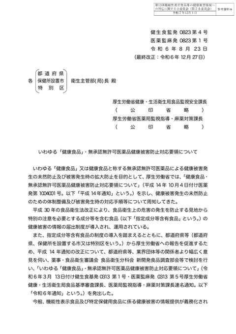 参考資料6 「いわゆる「健康食品」・無承認無許可医薬品健康被害防止対応要領について」(令和6年8月23日付け健生食監発0823第4号・医薬監麻発0823第1号)