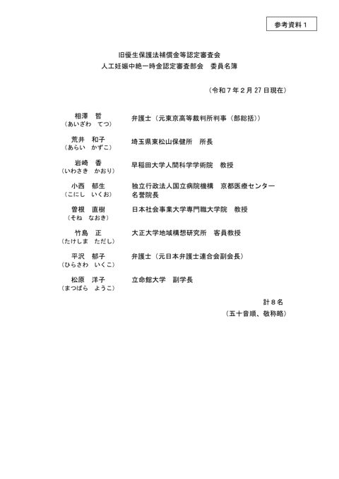 参考資料1:人工妊娠中絶一時金認定審査部会 委員名簿