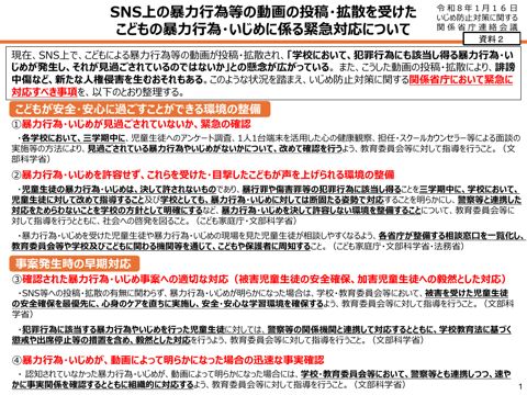 資料2 SNS上の暴力行為等の動画の投稿・拡散を受けたこどもの暴力行為・いじめに係る緊急対応について