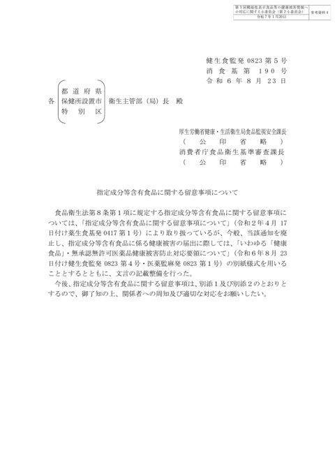 参考資料４ 「指定成分等含有食品に関する留意事項について」（令和６年８月23日付け健生食監発0823第５号・消食基第190号）［PDF形式：1.5MB］