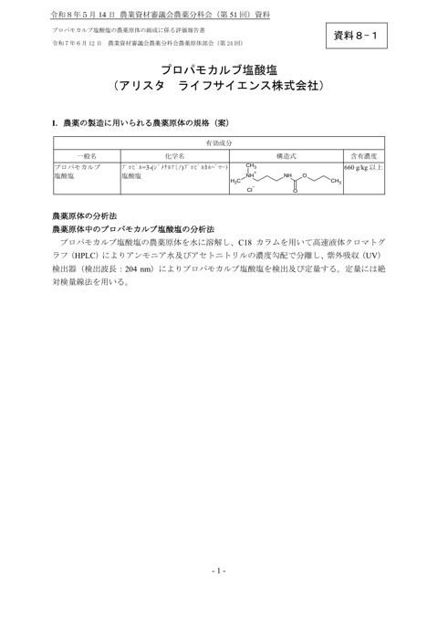 プロパモカルブ塩酸塩の農薬原体の組成に係る評価報告書