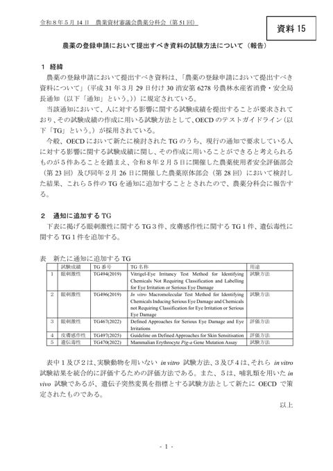 農薬の登録申請において提出すべき資料の試験方法について(報告)