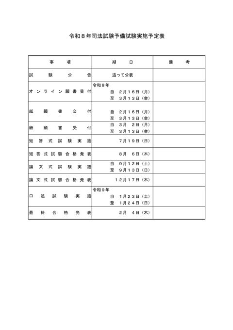 資料７：令和８年司法試験予備試験実施予定表