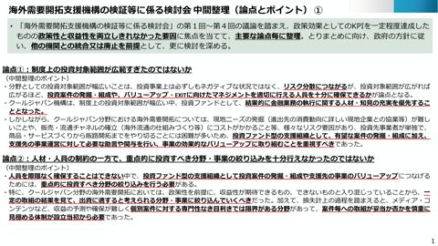 海外需要開拓支援機構の検証等に係る検討会 中間整理（論点とポイント） の表紙