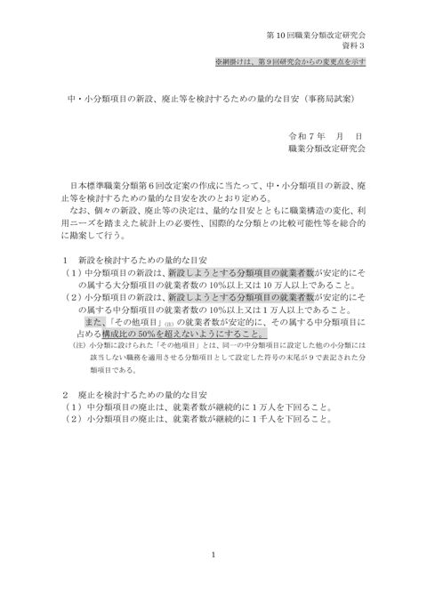 資料3 中・小分類項目の新設、廃止等を検討するための量的な目安（事務局試案）