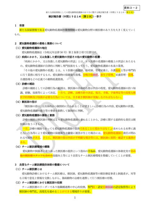 新たな国家資格としての愛玩動物看護師のあり方に関する検討報告書（中間とりまとめ（第２次））・骨子案