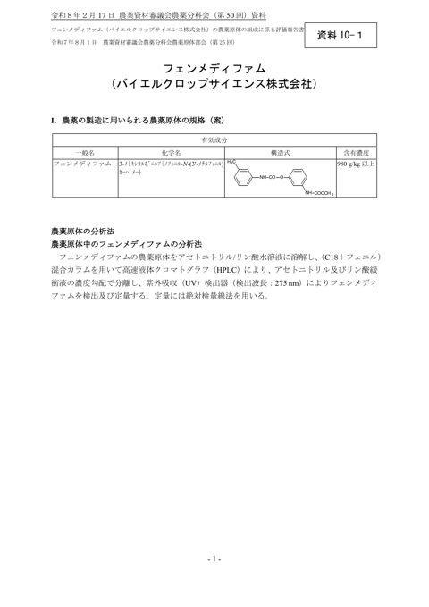 フェンメディファムの農薬原体の組成に係る評価報告書