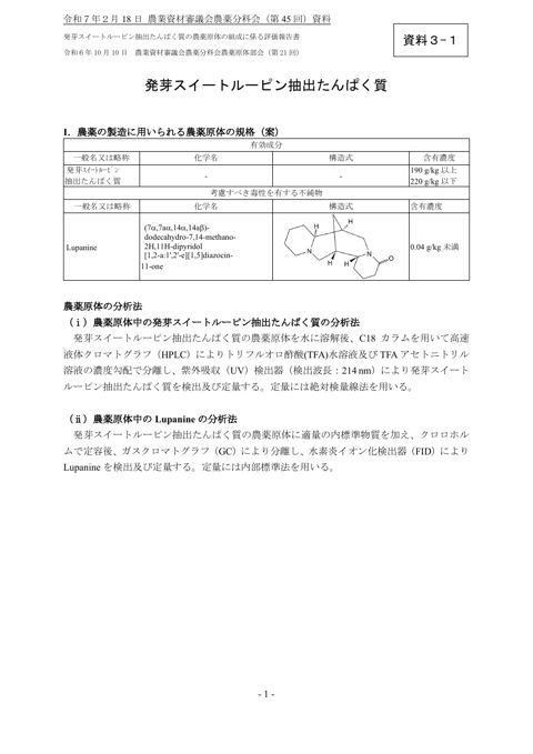発芽スイートルーピン抽出たんぱく質の農薬原体の組成に係る評価報告書（修正版）