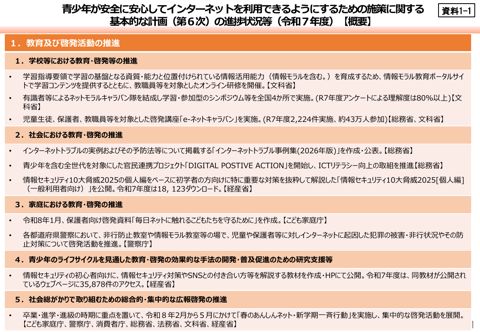 資料1-1 「青少年が安全に安心してインターネットを利用できるようにするための施策に関する基本的な計画(第6次)」の進捗状況(令和7年度)について(概要)(PD